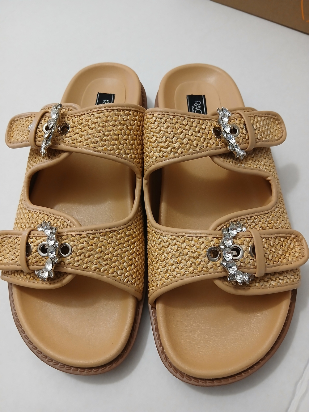 Rachel Roy  Tan Woven Slide Sandals with Crystal Buckles Multiples Sizes New $25 - Picture 3 of 10